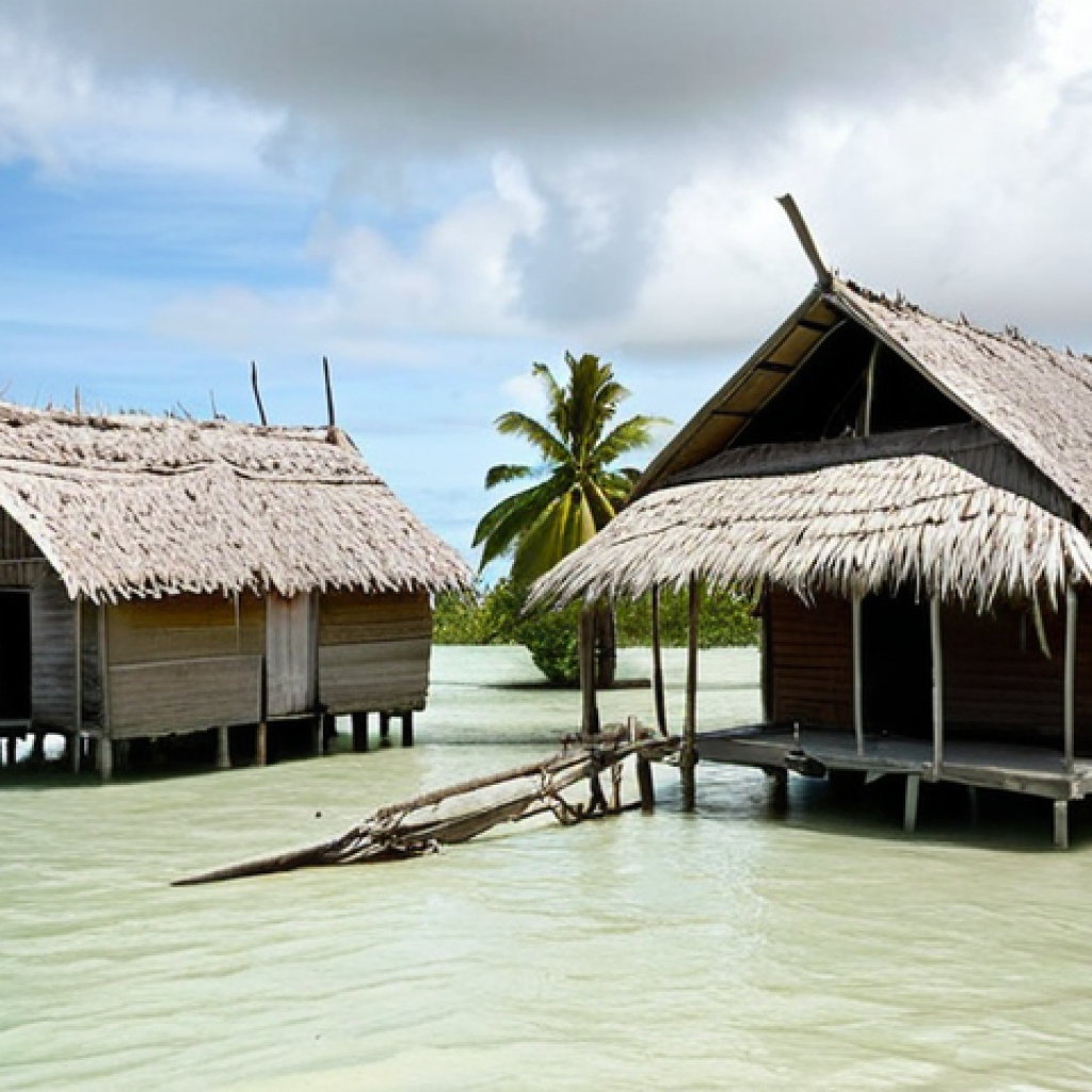 **A Kiribati village impacted by rising sea levels:** Houses are partially submerged, with signs of saltwater damage to crops. Show a mix of traditional Kiribati architecture and the struggle against the encroaching ocean. A somber and realistic tone.