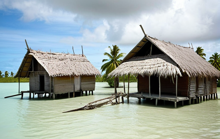 **A Kiribati village impacted by rising sea levels:** Houses are partially submerged, with signs of saltwater damage to crops. Show a mix of traditional Kiribati architecture and the struggle against the encroaching ocean. A somber and realistic tone.