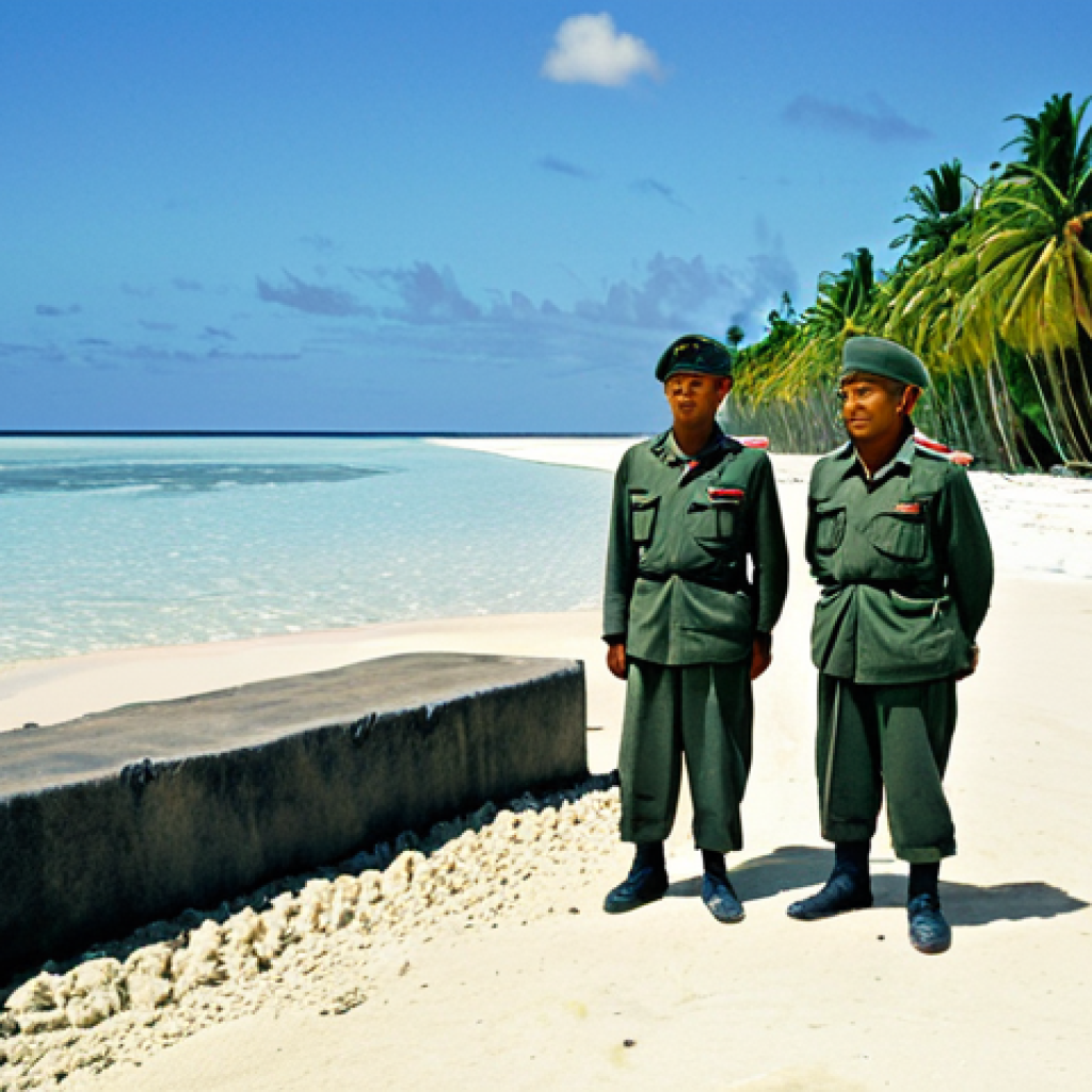 A historical scene depicting the Japanese occupation of Kiribati during World War II. Local Kiribati adults, fully clothed in modest, traditional island attire, are diligently engaged in constructing a military bunker on a tropical beach. Japanese soldiers, fully clothed in professional military uniforms, stand observing in the background. The environment features lush palm trees, golden sand, and the clear blue ocean, with simple military tools visible on the ground. The atmosphere is somber, highlighting the forced labor and underlying resilience of the local population. Professional photography, realistic, high detail, perfect anatomy, correct proportions, natural pose, well-formed hands, proper finger count, natural body proportions, safe for work, appropriate content, modest clothing, family-friendly.