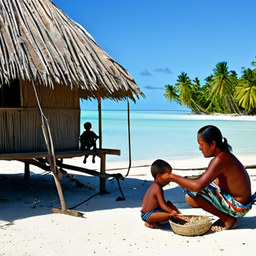 Traditional Kiribati Family Life**

"A Kiribati family, fully clothed in modest traditional clothing, gathered outside their traditional thatched-roof home on a sunny day. The father is weaving a fishing net, the mother is preparing food with coconuts, and the children are playing with handmade toys. Background shows a clear blue ocean and palm trees.  Perfect anatomy, correct proportions, natural pose, well-formed hands, proper finger count, natural body proportions, safe for work, appropriate content, professional, family-friendly, fully clothed."

**