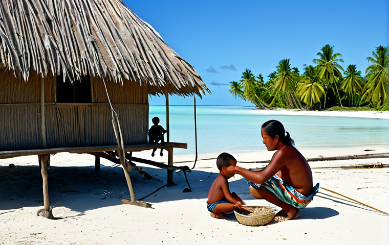 Traditional Kiribati Family Life**

"A Kiribati family, fully clothed in modest traditional clothing, gathered outside their traditional thatched-roof home on a sunny day. The father is weaving a fishing net, the mother is preparing food with coconuts, and the children are playing with handmade toys. Background shows a clear blue ocean and palm trees.  Perfect anatomy, correct proportions, natural pose, well-formed hands, proper finger count, natural body proportions, safe for work, appropriate content, professional, family-friendly, fully clothed."

**