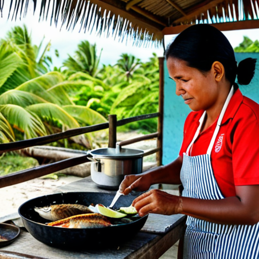 **

A family-friendly scene in Kiribati: A woman in modest, traditional clothing prepares a meal of grilled fish and coconut, safe for work, in a clean, open-air kitchen. Fresh fruits and vegetables are displayed. Fully clothed, appropriate content, perfect anatomy, natural proportions, professional photography, high quality.

**