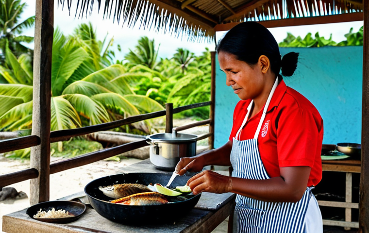 **

A family-friendly scene in Kiribati: A woman in modest, traditional clothing prepares a meal of grilled fish and coconut, safe for work, in a clean, open-air kitchen. Fresh fruits and vegetables are displayed. Fully clothed, appropriate content, perfect anatomy, natural proportions, professional photography, high quality.

**
