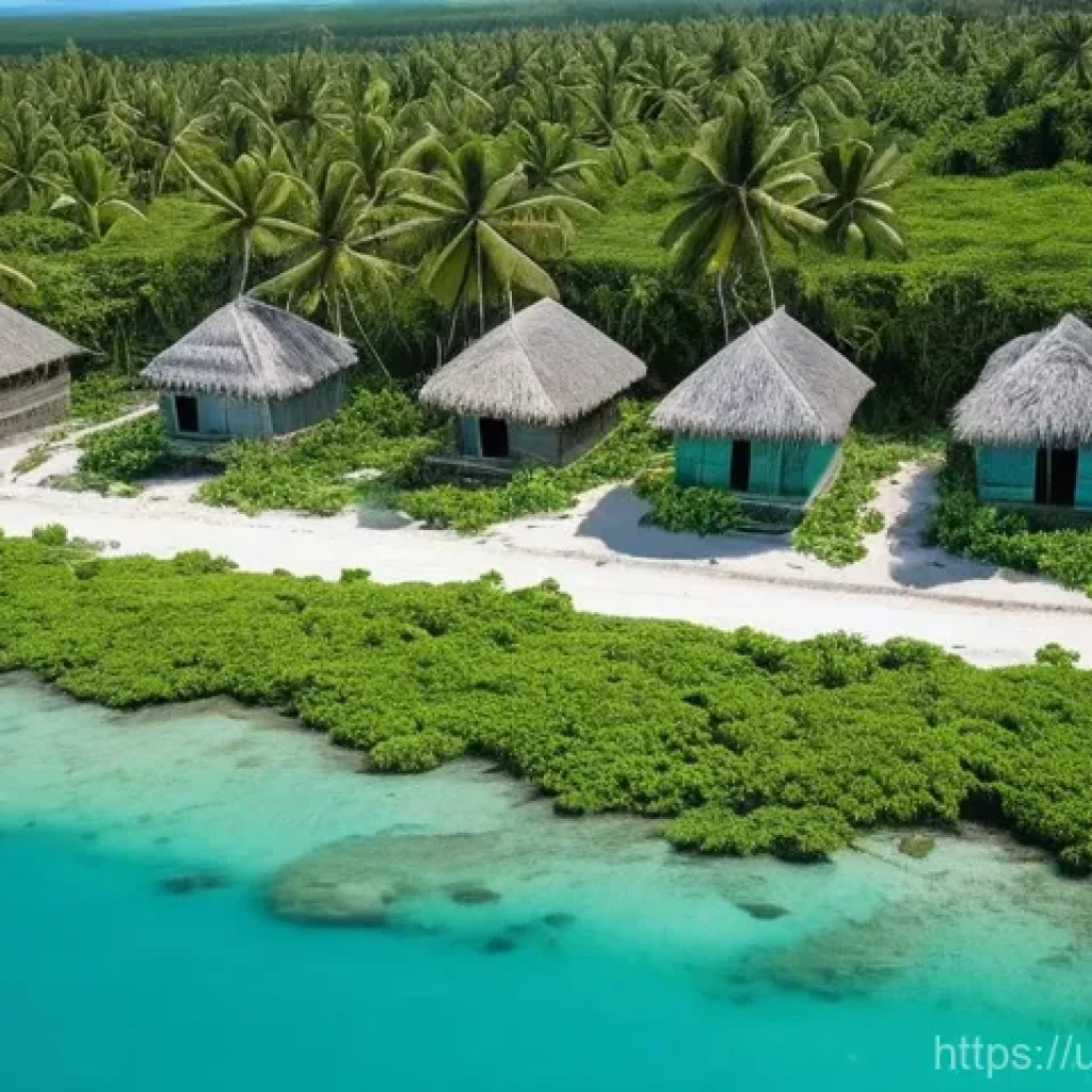 키리바시 경제 문제와 해결책 - **Prompt:** A serene, sun-drenched coastal village in Kiribati, focusing on community resilience aga...