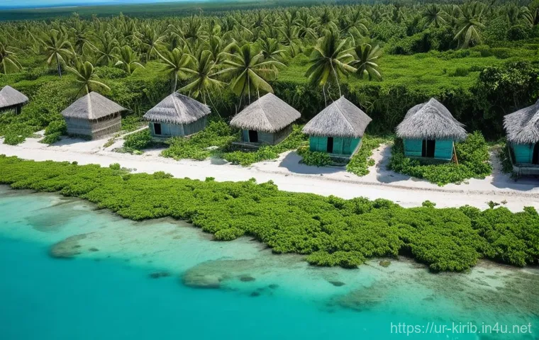 키리바시 경제 문제와 해결책 - **Prompt:** A serene, sun-drenched coastal village in Kiribati, focusing on community resilience aga...