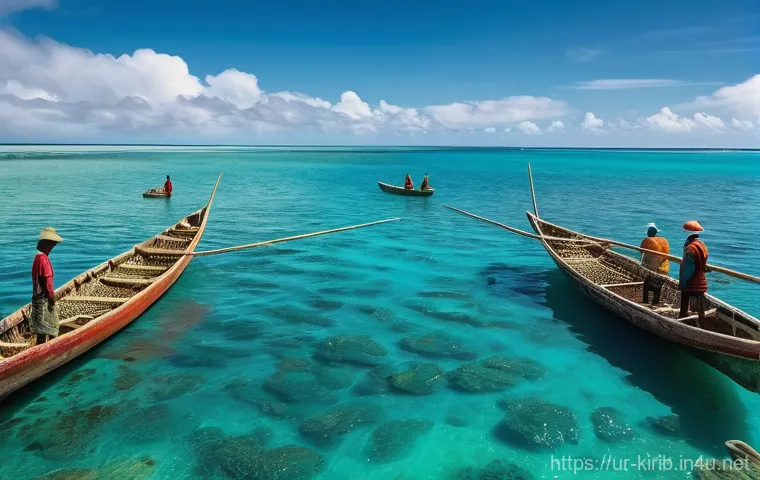 키리바시 경제 문제와 해결책 - **Prompt:** A serene, sun-drenched coastal village in Kiribati, focusing on community resilience aga...