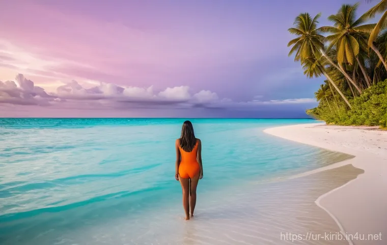 키리바시 힐링 여행 코스 - **Prompt:** A breathtaking wide-angle shot of a pristine, untouched white sand beach in Kiribati dur...