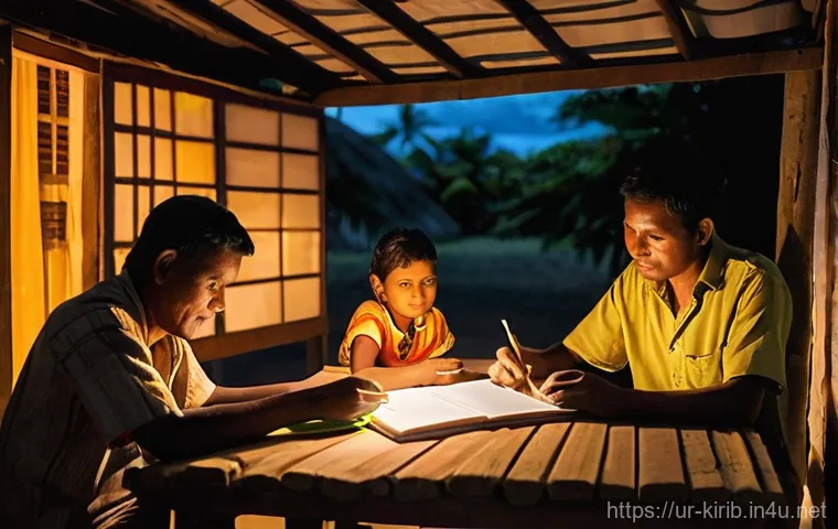 키리바시 전력 및 통신 인프라 - **Prompt 1: A Brighter Evening in a Kiribati Village**
    "A heartwarming scene depicting a Kiribat...