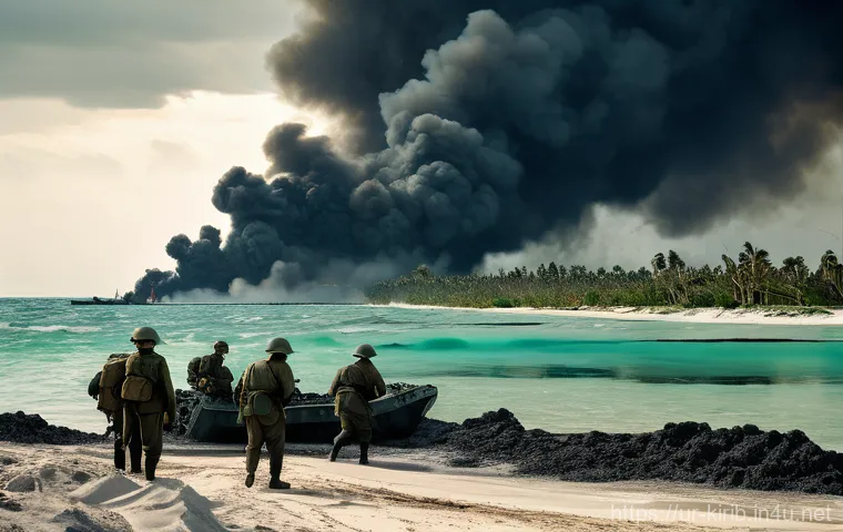 태평양 전쟁과 키리바시 - "Sapphire Pearls of the Pacific: A Strategic Crossroads"**

**Prompt:** A vibrant, sun-drenched aeri...