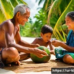 키리바시 코코넛 활용 문화 - **Kiribati Family Life: The Versatile Coconut**
    "A vibrant, wide-angle shot of a multi-generatio...