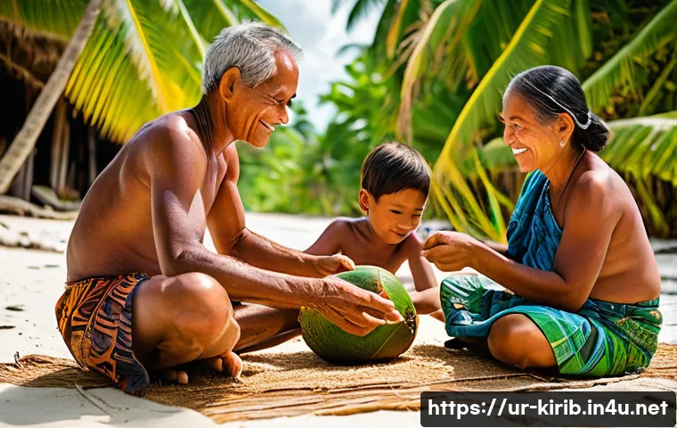 키리바시 코코넛 활용 문화 - **Kiribati Family Life: The Versatile Coconut**
"A vibrant, wide-angle shot of a multi-generatio...