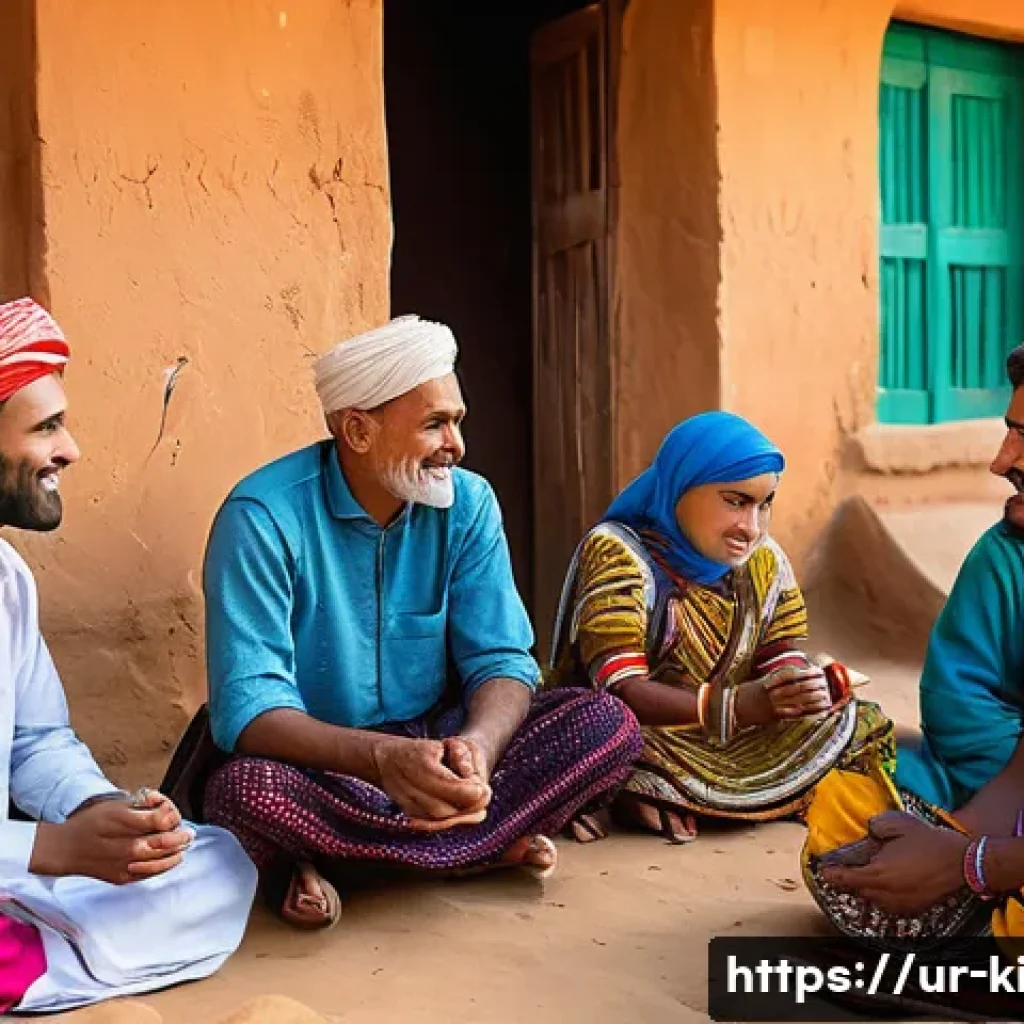키리바시 문화 속의 언어 역할 - A vibrant community gathering in a traditional Kery Bas village setting, featuring men, women, and c...