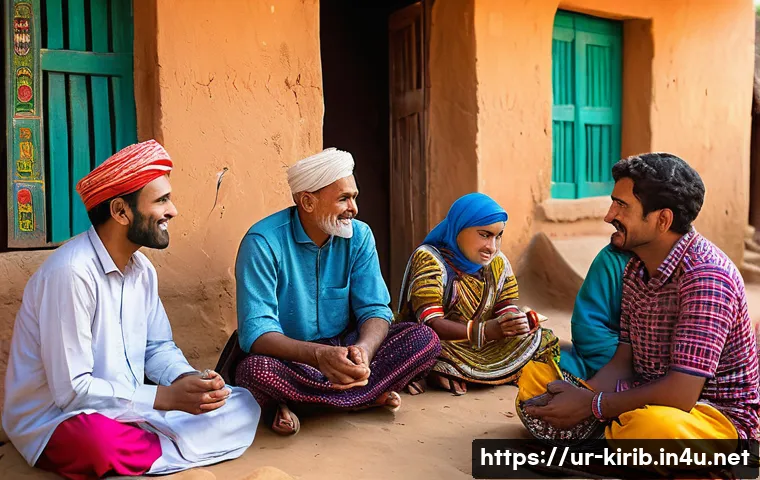 키리바시 문화 속의 언어 역할 - A vibrant community gathering in a traditional Kery Bas village setting, featuring men, women, and c...