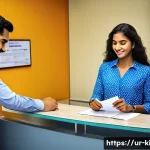 키리바시 여행 비자 정보 - A detailed scene of a traveler at the Caribbean immigration office, presenting visa documents with c...