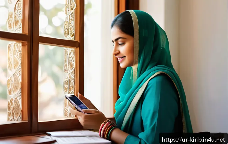 키리바시 현지 은행 및 금융 서비스 - A modern South Asian woman using a mobile banking app on her smartphone at home, comfortably dressed...