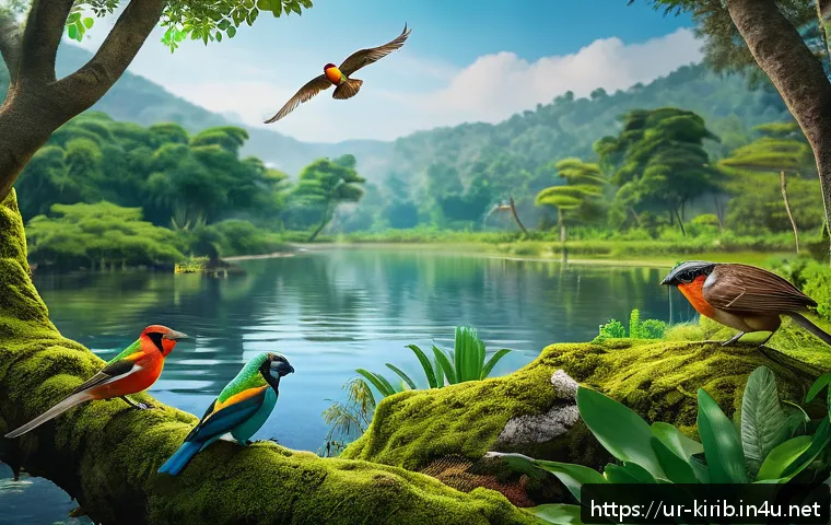 키리바시 야생 동물과 보호구역 - A vibrant forest scene in Keribas showcasing rare and unique wildlife species native to the region, ...