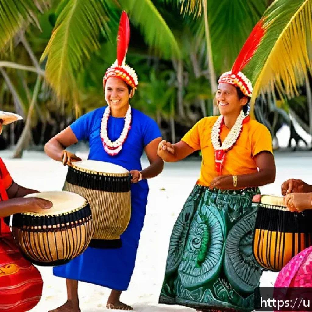 키리바시 전통 음악과 악기 - A vibrant cultural festival scene in Kiribati showcasing traditional music performances: musicians p...