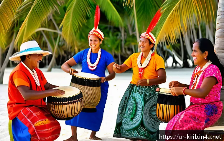 키리바시 전통 음악과 악기 - A vibrant cultural festival scene in Kiribati showcasing traditional music performances: musicians p...