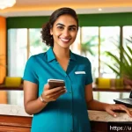 Home 23 키리바시 관광객을 위한 필수 표현 - A vibrant Caribbean hotel reception scene featuring a smiling Urdu-speaking traveler checking in at ...