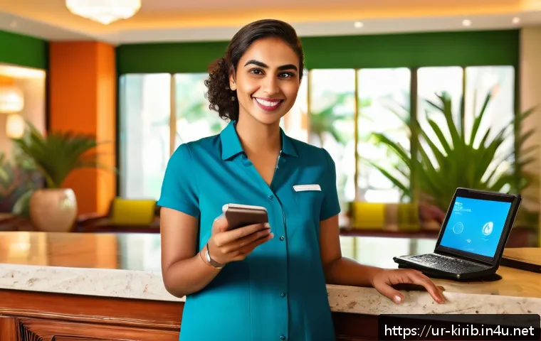 키리바시 관광객을 위한 필수 표현 - A vibrant Caribbean hotel reception scene featuring a smiling Urdu-speaking traveler checking in at ...