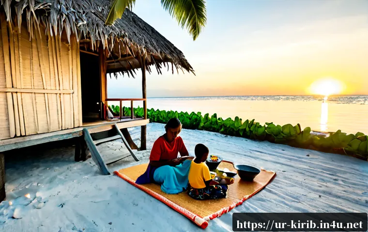 키리바시에서 살아가기 - Photorealistic morning life on a low-lying Kiribati atoll, a modest I-Kiribati family in colorful mo...